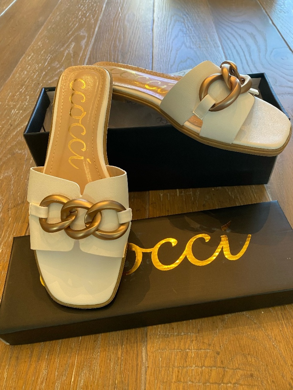 CCOCCI Shoes Sandals Slides Women's size 8 1/2 White Baylor Chain Flat Slip ON